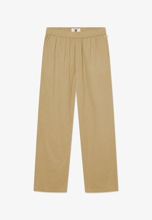 Pantaloni largi bej cu talie elastică, având buzunare laterale și material moale, texturat, cu un luciu subtil.