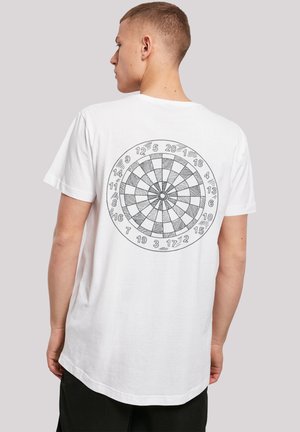 White cotton t-shirt featuring a detailed black dartboard graphic on the back, with numbers and a circular design. Short sleeves and relaxed fit.