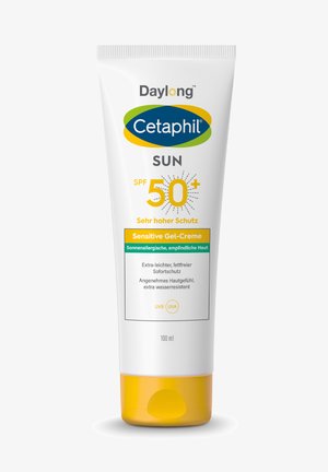 Cetafil Daylong Sun SPF 50+ sensitive gel-cream sunscreen, extra-light, fat-free, water-resistant, 100 ml tube with German text.