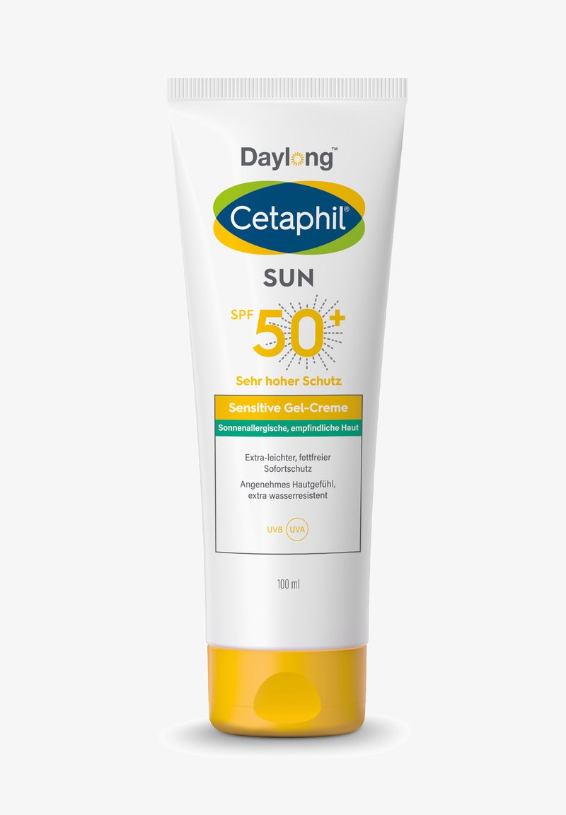 Cetafil Daylong Sun SPF 50+ sensitiver Gel-Creme-Sonnenschutz, extra leicht, fettfrei, wasserfest, 100 ml Tube mit deutschem Text.