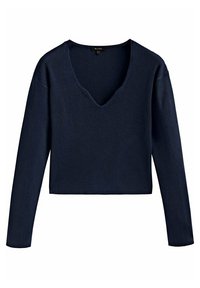 Marinblå ribbad tröja i stickat med långa ärmar och djup V-ringning; kort längd, mjuk textur och subtil sömdetaljering.