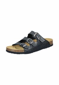 Black patterned cork footbed slide sandal with three adjustable straps and silver buckles. Flat sole with textured grip.