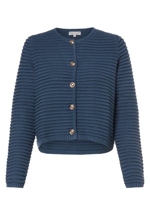 Cardigan azul de punto acanalado con mangas largas, escote redondo y cinco botones decorativos dorados en la parte delantera.