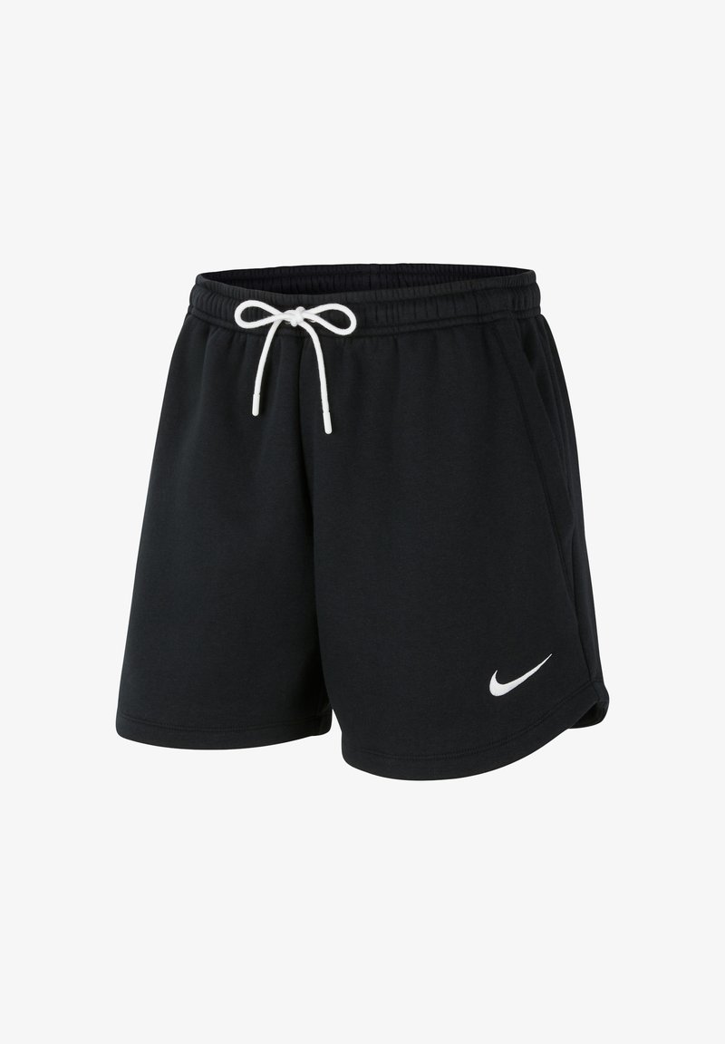 Schwarze Shorts aus weichem Stoff, mit einem elastischen Bund, einer weißen Kordel und einem kleinen weißen Nike-Swoosh-Logo auf der Vorderseite.