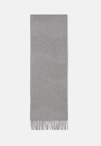 Sciarpa grigia realizzata in un tessuto morbido, caratterizzata da un design piatto e bordi lunghi con frange. La texture appare liscia con una leggera lucentezza.