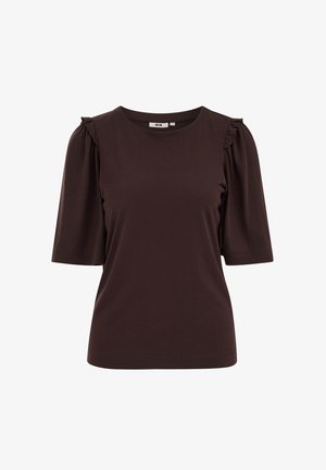 Bluză maro închis cu mâneci scurte, decolteu rotund și detaliu subtil cu volănaș la cusăturile umerilor, croială ajustată.