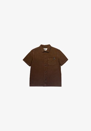 Brown short-sleeve shirt made of a textured fabric, featuring a button front, soft collar, and a chest pocket with a logo accent.