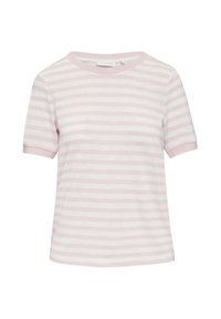 Gestreept T-shirt in lichtroze en wit, gemaakt van zacht materiaal. Ronde hals, korte mouwen en een ontspannen pasvorm met subtiele stikseldetails.
