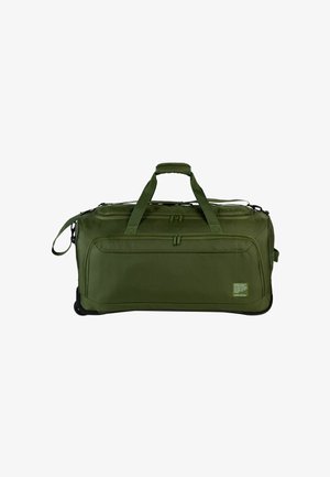 Sac de voyage à roulettes vert olive avec deux poignées, poche avant zippée et bandoulière sur fond blanc.