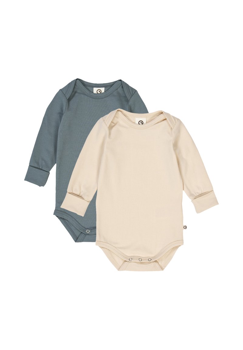 Two long-sleeve bodysuits in soft cotton fabric; one in muted teal, the other in cream, featuring snap closures at the bottom.