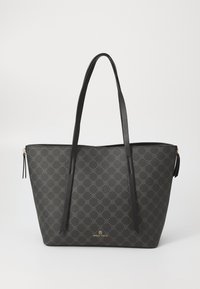 Borsa a tracolla nera con motivo geometrico, dotata di manici robusti e dettaglio dorato del logo. Materiale sintetico testurizzato con chiusura a zip.