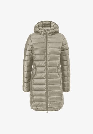 Pohodlná prešívaná bunda s kapucňou v svetlosivej farbe, so zipsom vpredu, dvomi bočnými vreckami a jemnou, hladkou textúrou.