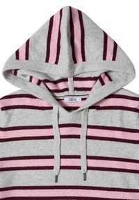 Pull à capuche gris avec des rayures horizontales roses et rouge foncé et des cordons, montrant l'étiquette "CECIL" à l'intérieur du col.