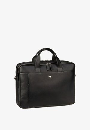 Schwarze Leder-Laptoptasche mit zwei Griffen, Fronttasche und silbernen Reißverschlussakzenten. Verfügt über eine glatte Textur und ein minimalistisches Logo-Detail.