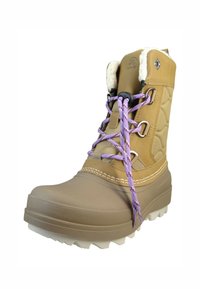 Bota impermeable marrón con panel lateral acolchado, forro de piel sintética blanca, cordones morados, suela de goma y puntera reforzada.