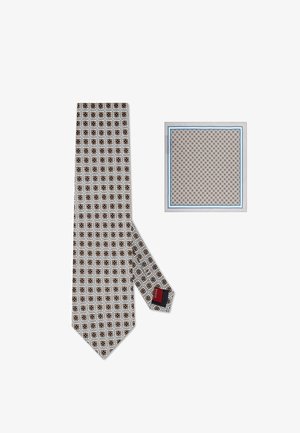 Jedwabny krawat i poszetka z dopasowanym drobnym geometrycznym wzorem w beżowe, brązowe i czarne kolory na białym tle.