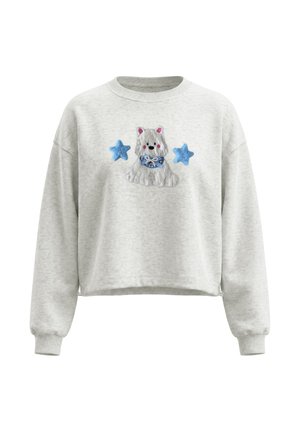 Lysegrå sweatshirt med en blød hvid hund og blå stjerner broderet på brystet samt lange ribstrikkede manchetter på ærmerne.