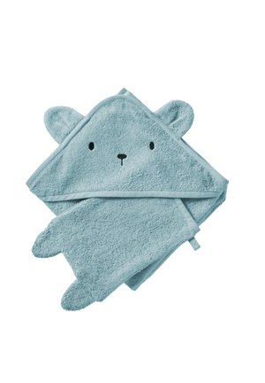 Light blue baby towel with hood featuring bear ears and a simple stitched bear face on the hood, folded flat on a white background.