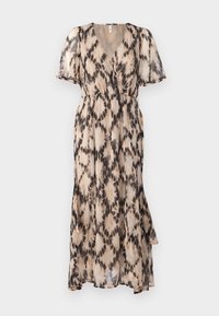 Vestido de manga corta con escote en V en un tejido transparente, con un patrón de teñido anudado en tonos marrones y negros, silueta fluida y un dobladillo ligeramente volátil.