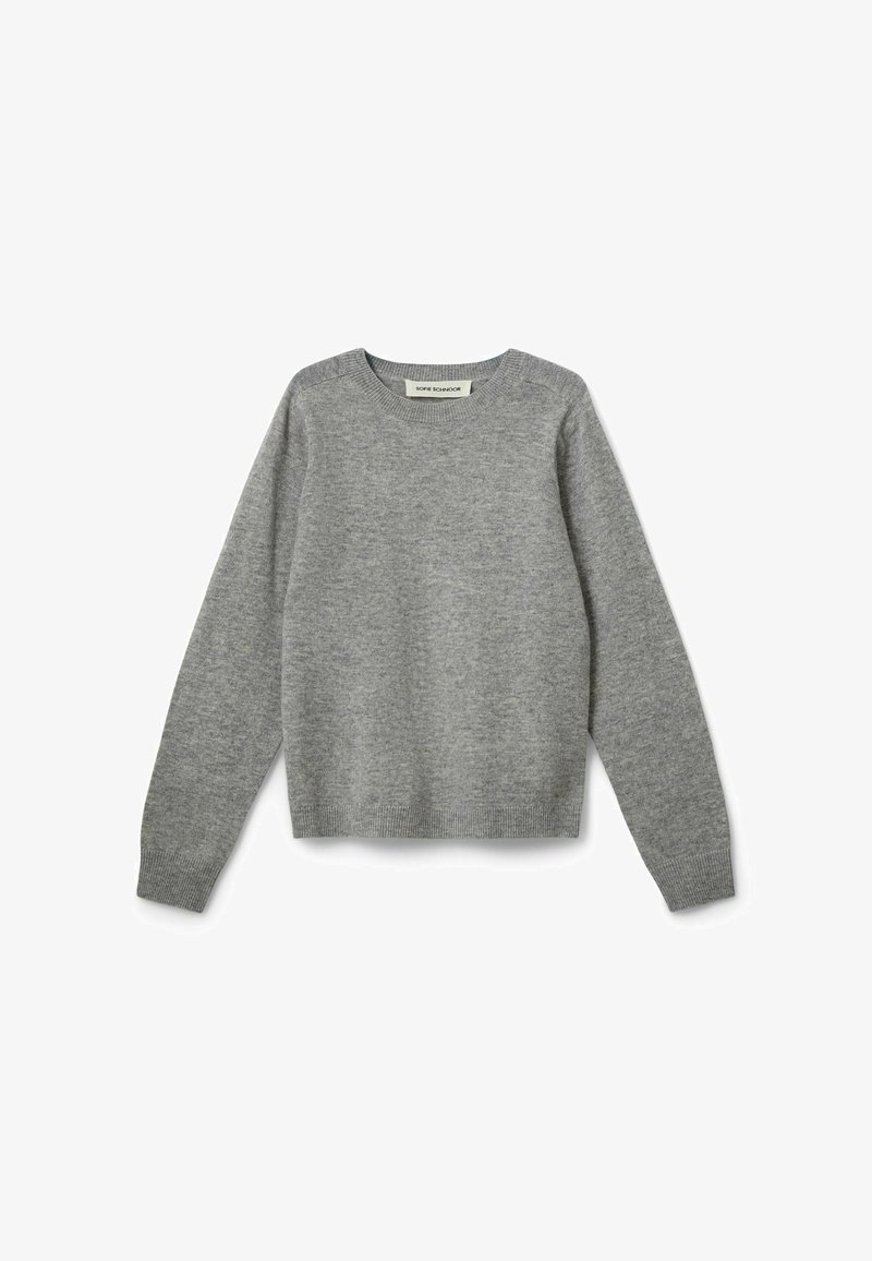 Pull en maille gris clair à manches longues avec un col rond et des poignets et un bas côtelés, posé à plat sur un fond blanc.