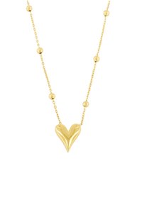 Collana d'oro con un pendente a forma di cuore, caratterizzata da una finitura liscia e lucida e da accenti sferici lungo la catena.