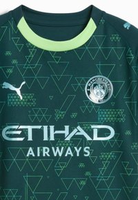 Zöld sportmez geometrikus, világoszöld háromszögmintákkal. Kerek nyakkivágással, rövid ujjakkal és a Manchester City valamint az Etihad Airways logójával rendelkezik.