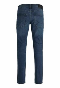 Dark blue denim jeans with a slim fit, featuring two back pockets and subtle stitching details, shown from the back view.