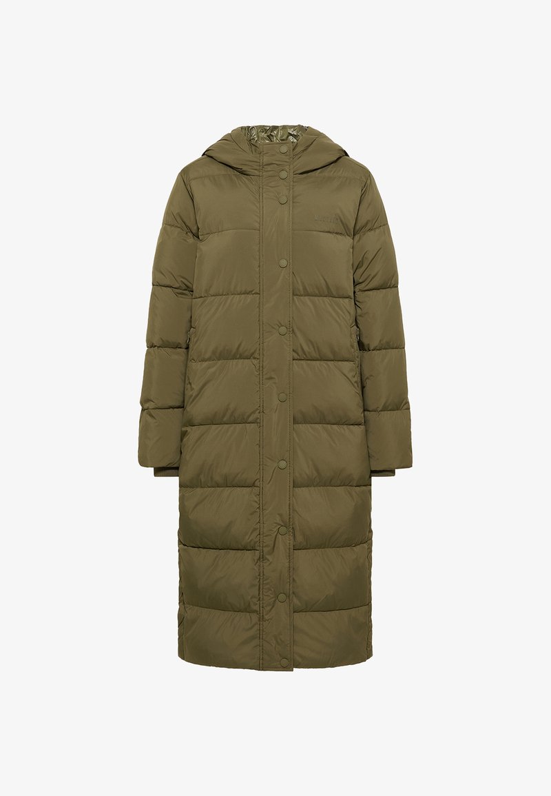 Langer olivgrüner gesteppter Puffer-Mantel mit Kapuze und Druckknopfverschluss vorne, entworfen für kaltes Wetter.