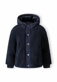 Navyblauwe jas met een pluche, fuzzy textuur, een capuchon met trekkoord, gewatteerde panelen, drukknoopsluitingen en zijzakken.