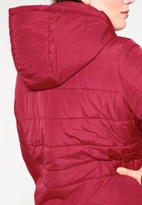 Burgundy puffer jacket with a hood, featuring quilted panels, smooth texture, and a fitted waist detail.