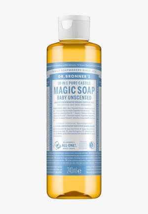 Dr. Bronner’s 240 ml flaske med 18-i-1 Pure-Castile Magic Soap, baby uden duft, med blå og hvid etiket.