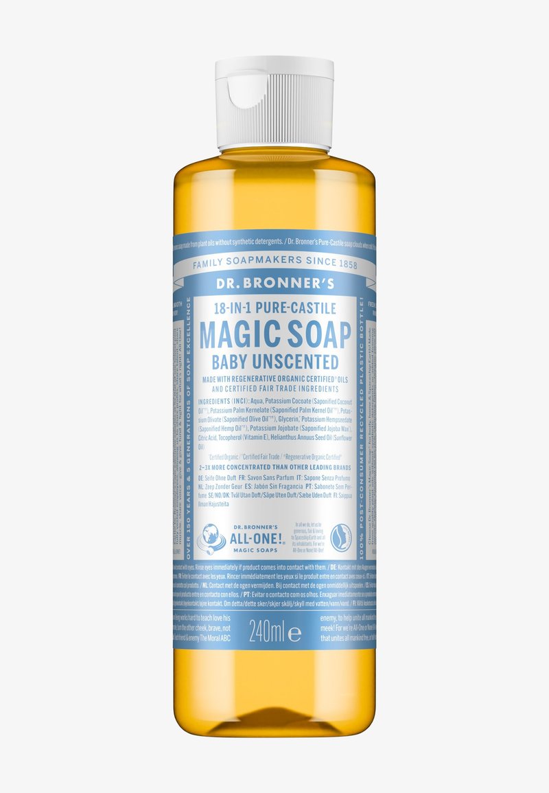 Bouteille de 240 ml de Dr. Bronner’s Savon Magique Pure-Castile 18-en-1, bébé sans parfum, avec étiquette bleue et blanche.