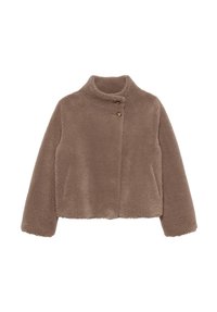 Bruine, pluche nepbontjas met een hoge kraag, cropped ontwerp en twee knopen aan de voorkant voor sluiting. Zachte textuur en minimale stikdetails.