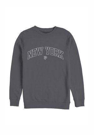 Mørkegrå sweatshirt med rund hals med teksten "NEW YORK" i store hvide bogstaver med kant og et lille logo nedenunder.