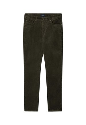 Pantaloni in corduroy verde scuro con taglio dritto, texture a coste sottili, design classico a cinque tasche e chiusura con bottone metallico.