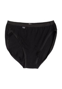 Slip nero in cotone con una texture liscia, cintura elastica e dettagli di cucitura minimali. Presenta un'etichetta con il logo sulla cintura.