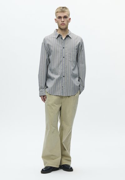 Srajca z gumbi in navpičnimi modrimi in bež črtami, kombinirana s svetlo bež širokimi hlačami. Model stoji samozavestno, obut v črne čevlje.