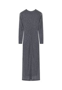 Pikkade varrukatega tumehall kleit ümmarguse kaelusega, millel on ühtlane valgete täpikeste muster, sile tekstuur ja sirge lõige.