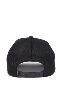 Black mesh baseball cap with a plastic adjustable snapback closure. The interior features a smooth lining for comfort.