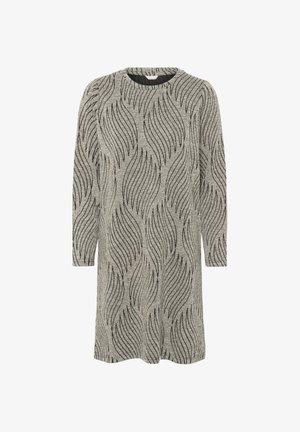 Graues langärmeliges Kleid mit einem strukturierten Blattmuster in Schwarz. Verfügt über einen Rundhalsausschnitt und eine lockere Passform, gefertigt aus einem weichen Stoff.