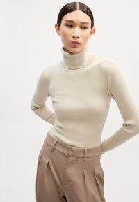 Bež prugast pulover s turtleneck ovratnikom in dolgimi rokavi, v kombinaciji s svetlobruno hlačami z visokim pasom, ki vključujejo gube, gladko teksturo po celotni dolžini.