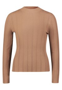 Pull en maille côtelée à manches longues de couleur camel avec un col rond et une silhouette ajustée.
