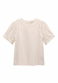 Hele beeži lühikeste varrukatega T-särk, valmistatud pehmest kangast, millel on soonikkoes kaelus ja õmblustega detailid varrukaid pidi.