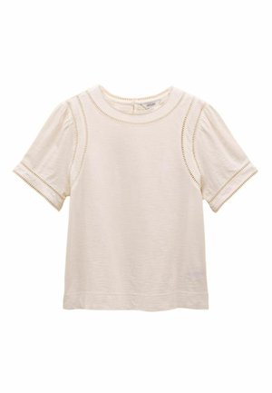 Light beige short-sleeve T-shirt, made of soft fabric, featuring ribbed neckline and stitched accents along sleeves for added detail.