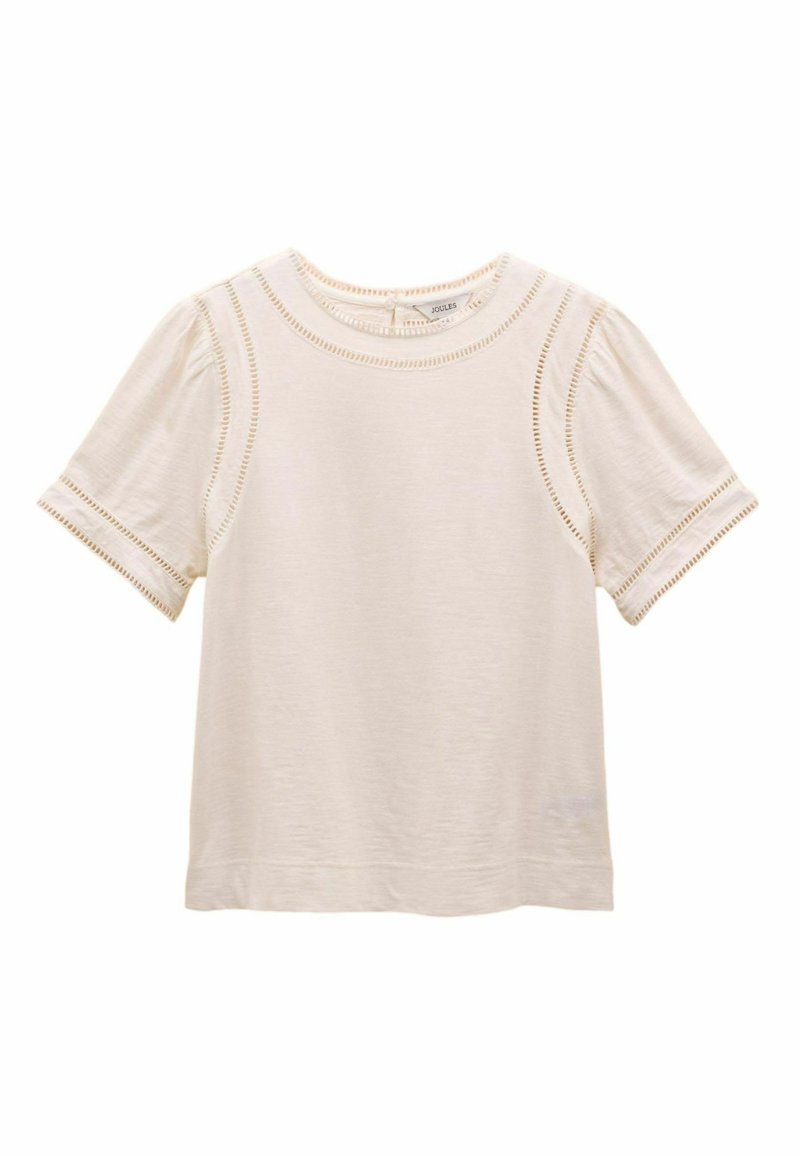 Hele beeži lühikeste varrukatega T-särk, valmistatud pehmest kangast, millel on soonikkoes kaelus ja õmblustega detailid varrukaid pidi.