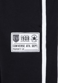Svart tyg med vita vertikala ränder; en rektangulär vit etikett med "1908", "CONVERSE ATH. DEPT." och en stjärnlogotyp.