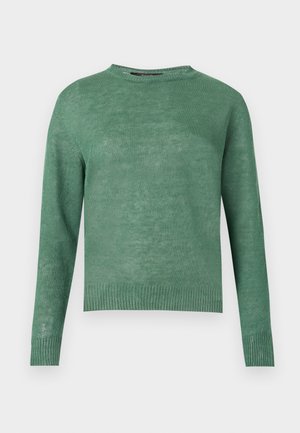 Maglione verde a maniche lunghe con scollo tondo, polsini e orlo a coste, realizzato in tessuto di maglia leggero.