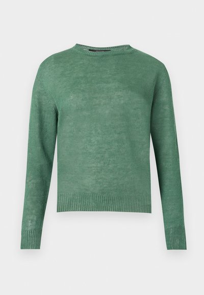 Pull vert à manches longues avec col rond, poignets et ourlet côtelés, fabriqué en tissu tricoté léger.