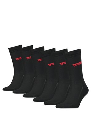 Black cotton socks with ribbed cuffs, featuring red "Levi's" logo. Six pairs displayed in a row, showing a smooth texture and classic design.