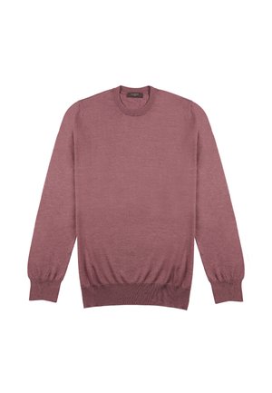 Pullover-Pullover in staubiger Roséfarbe, aus weichem Strickmaterial gefertigt. Hat einen Rundhalsausschnitt, gerippte Bündchen und einen gerippten Saum; insgesamt glatte Textur.